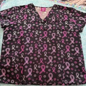 Black and Pink Ribbon Print Scrub Top